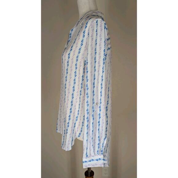 Jane and Delancey Bird Print Stripe Top Women’s Small White Blue Roll Tab Sleeve - Picture 2 of 10